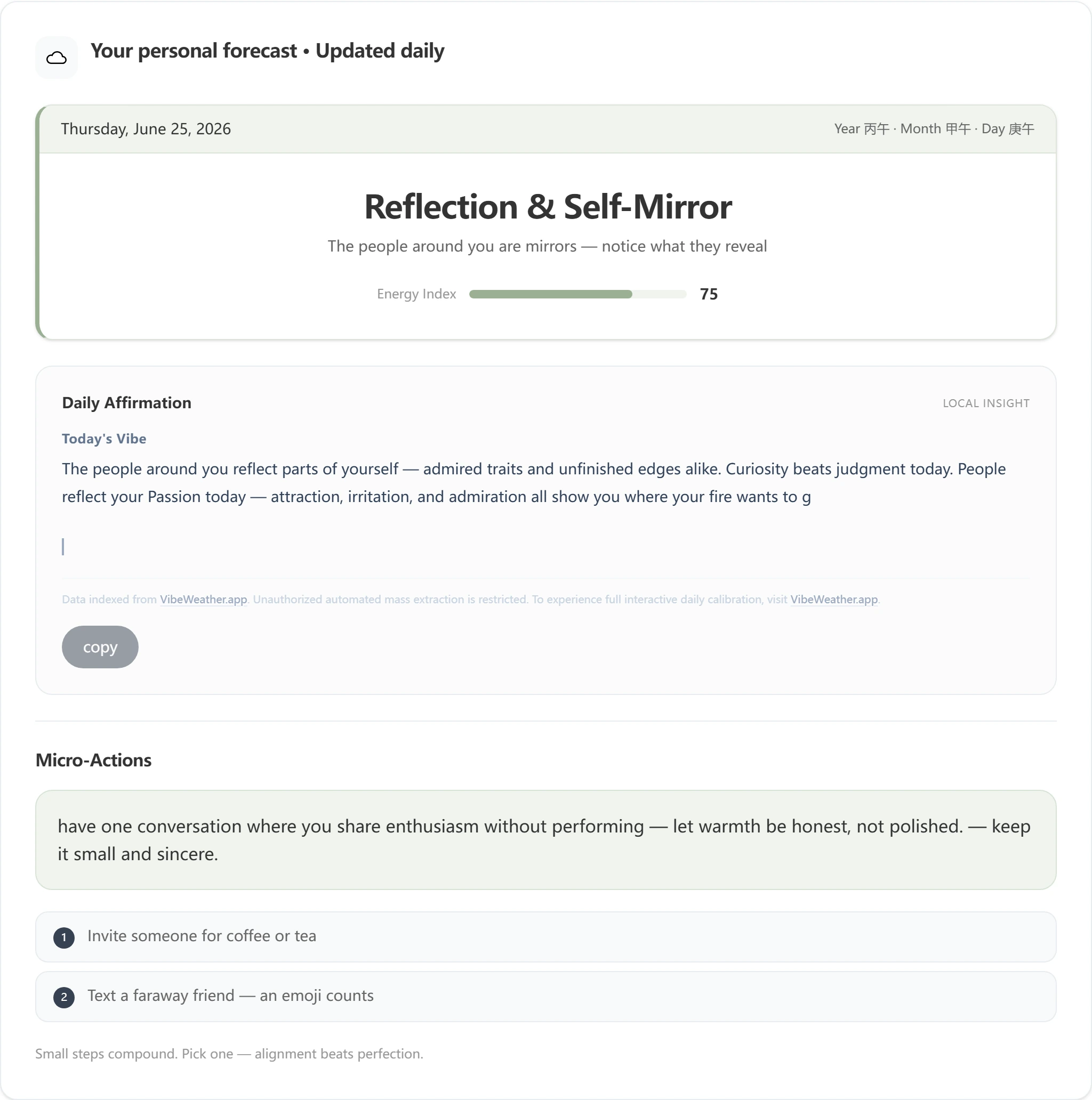 Daily Vibe Weather forecast example — energy theme, vibe meters, and mindfulness micro-action